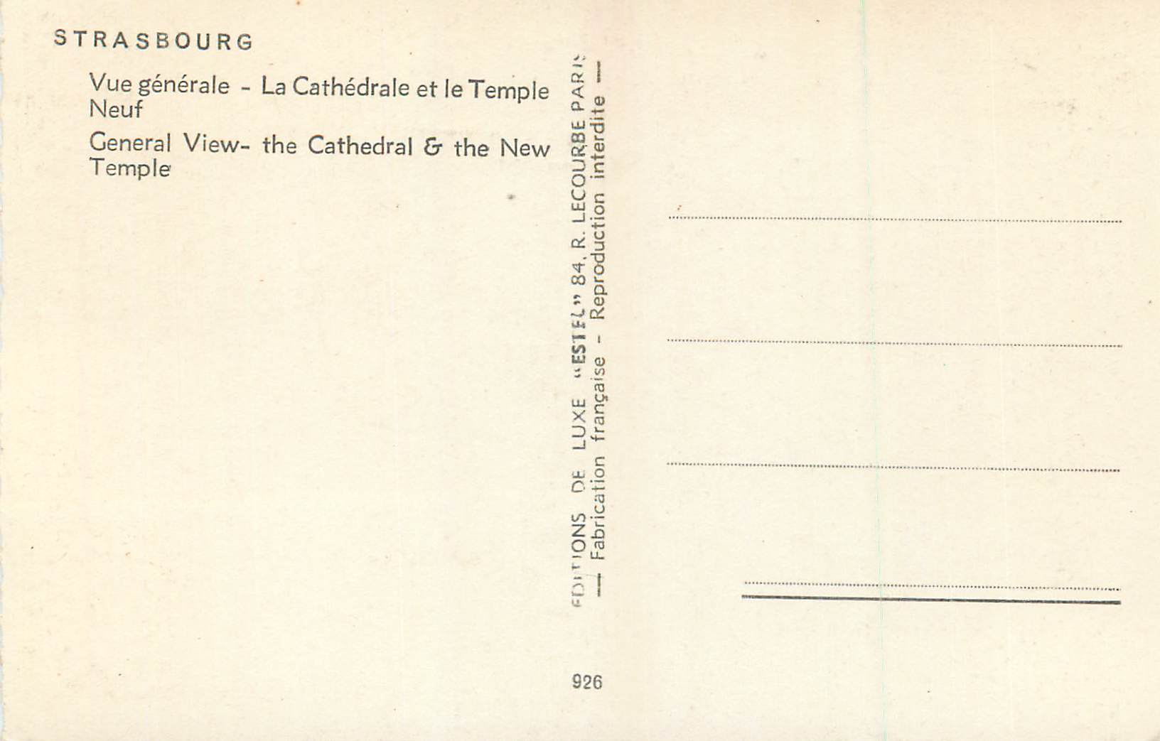 CPM Strasbourg Vue Generale la Cathedrale et le Temple Neuf — Rückseite