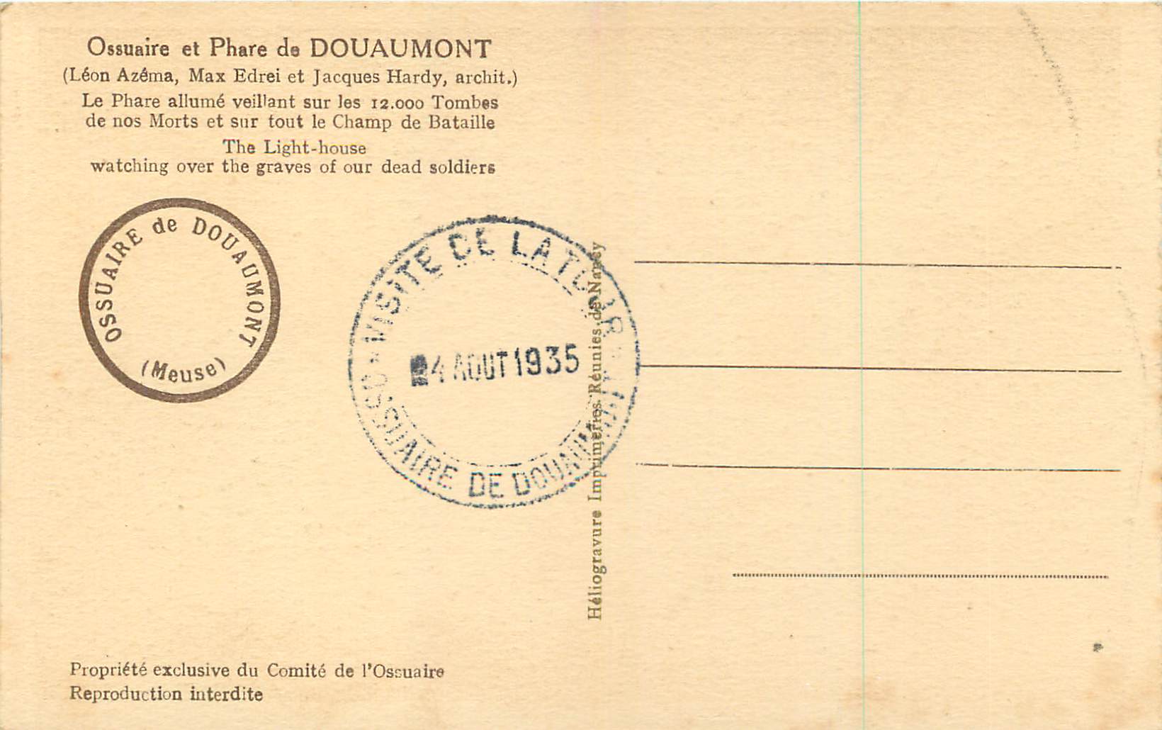 Ossuaire et Phare de Douaumont — Léon Azéma, Max Edrei et Jacques Hardy, architectes — Héliogravure exclusive du Comité de l'Ossuaire — Reverso