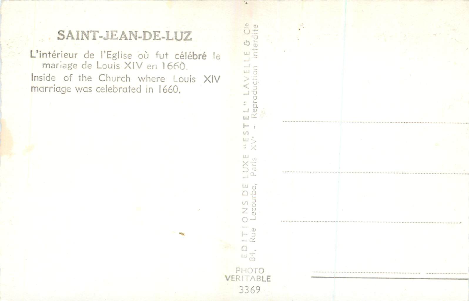 CPM Saint Jean de Luz l'Interieur de l'Eglise ou Fut Celebre le Mariage de Louis XIV en 1660 — Verso