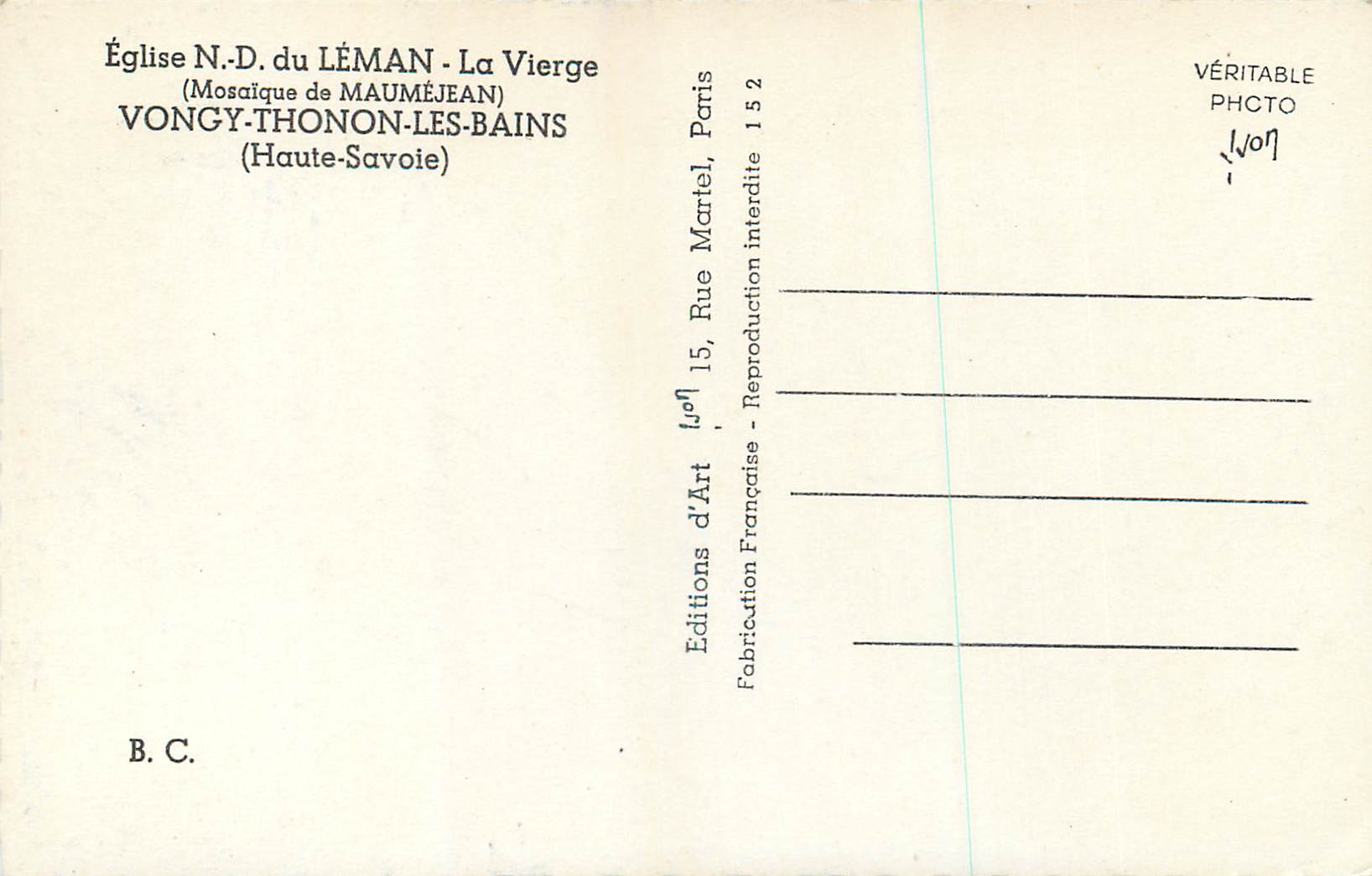 CPM Eglise N D du Leman La Vierge (Mosaique de Maumejean) Vongy Thonon les Bains (Haute Savoie) — Rückseite
