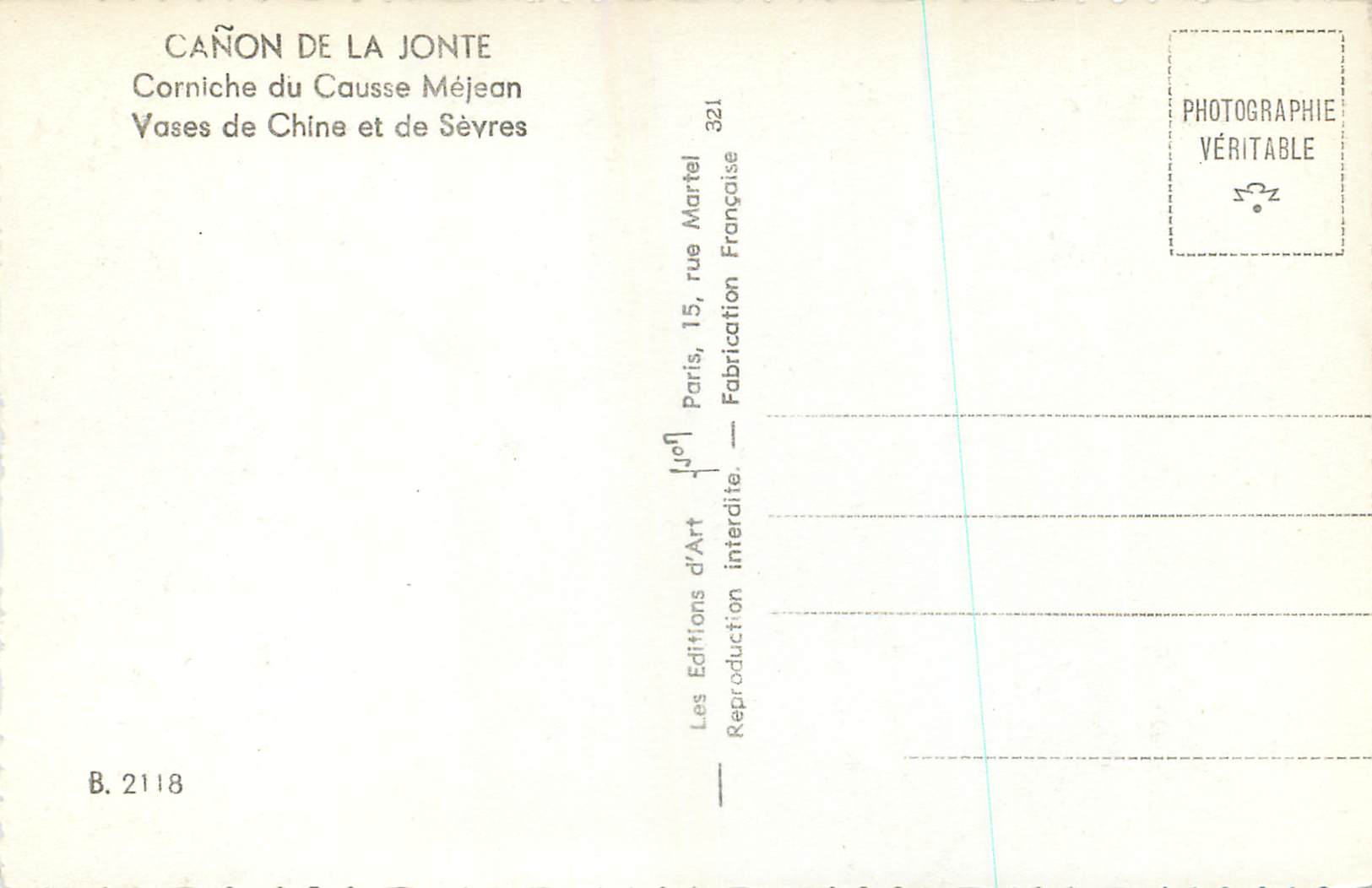 CPM Canon de la Jonte Corniche du Causse Mejean Vases de Chine et des Sevres — Rückseite
