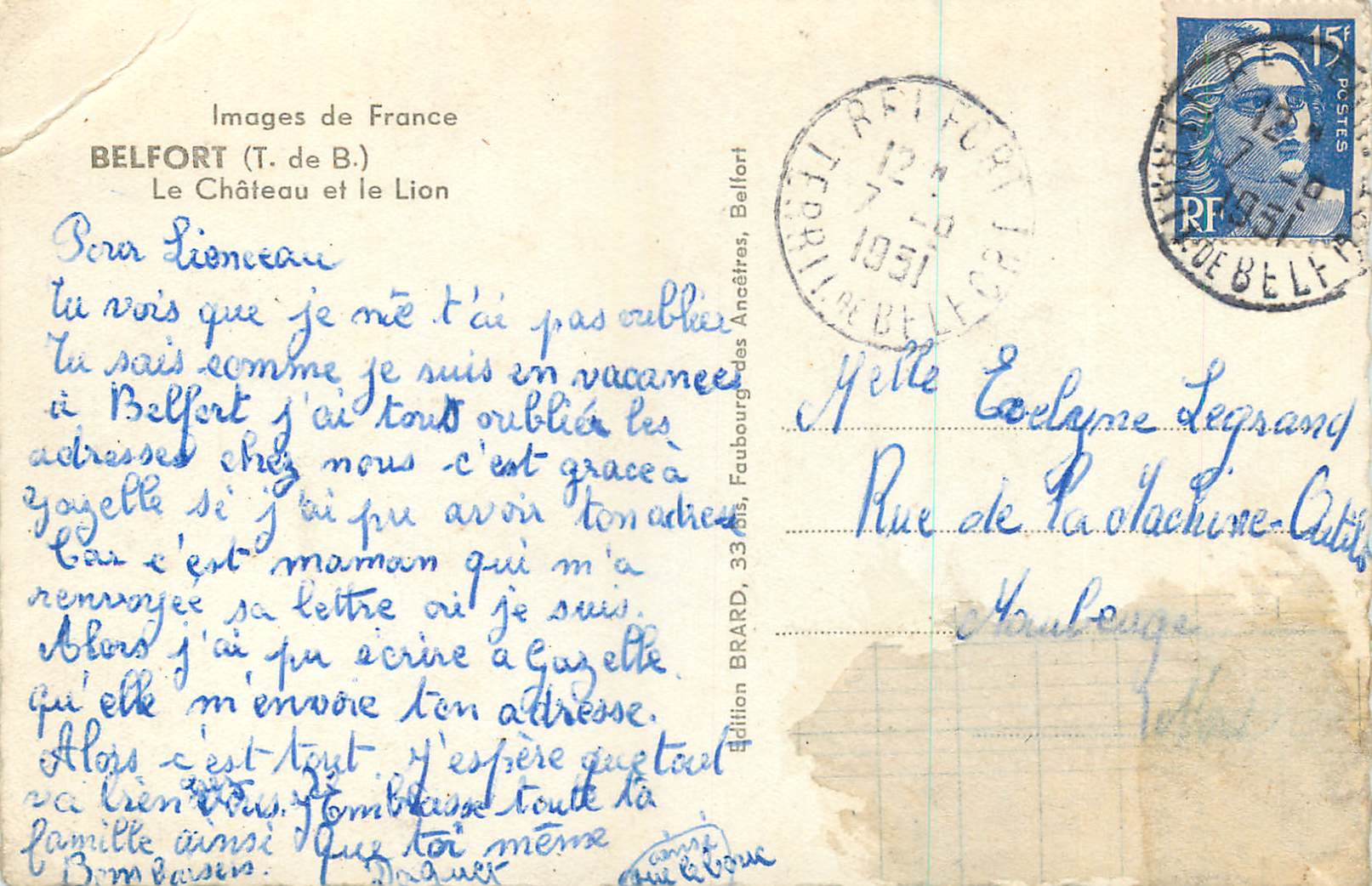 Belfort — Le Château et le Lion — Images de France (T. de B.) — Rückseite