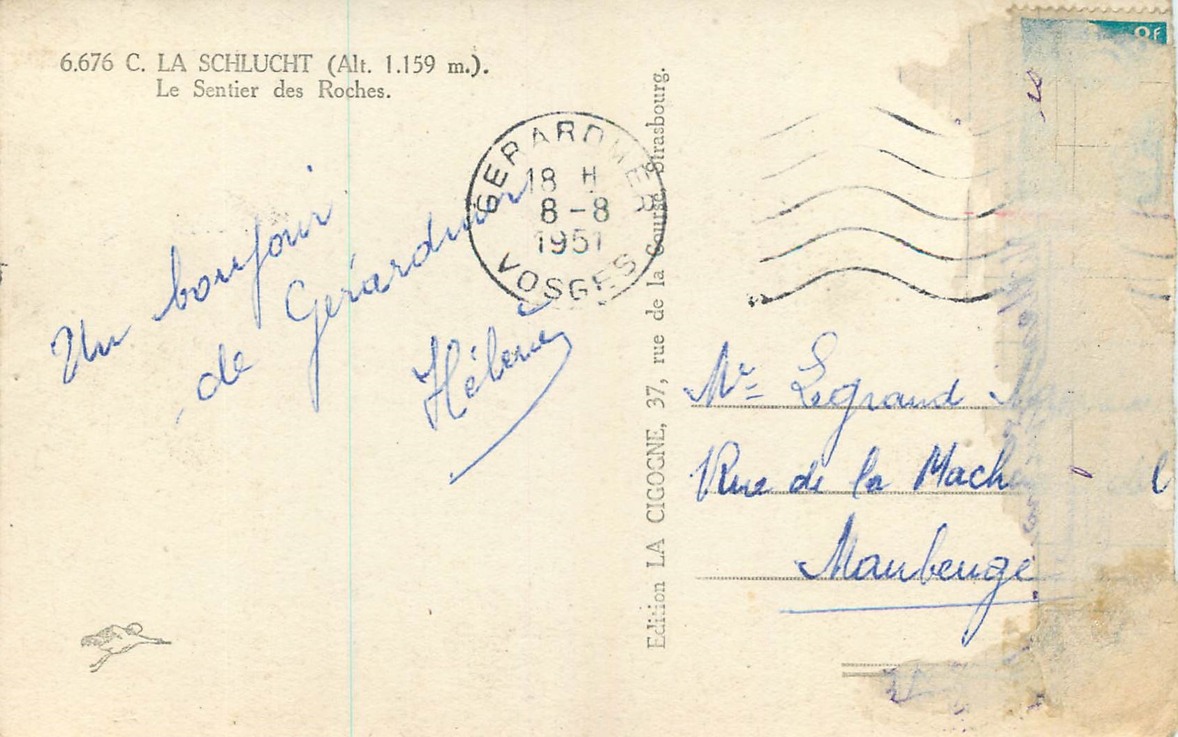 La Schlucht (Alt. 1.159 m.) — Le Sentier des Roches — Édition La Cigogne, Strasbourg — Verso