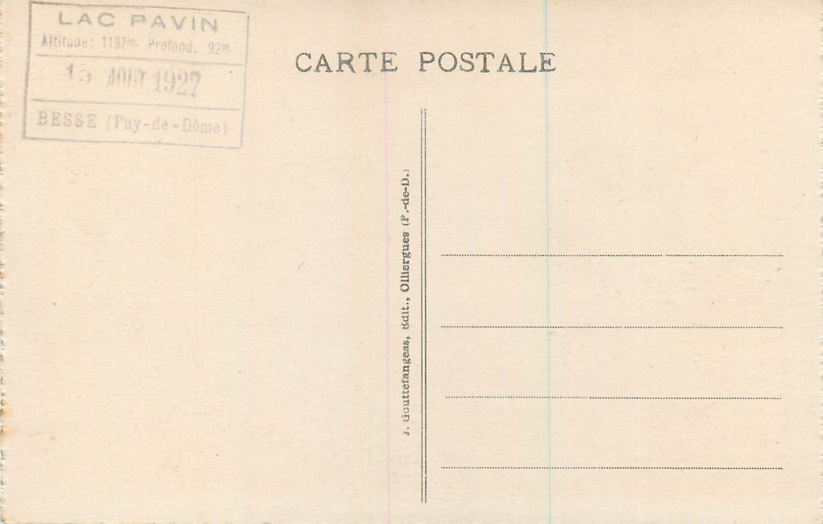 CPA Buvette du Lac Pavin — Rückseite