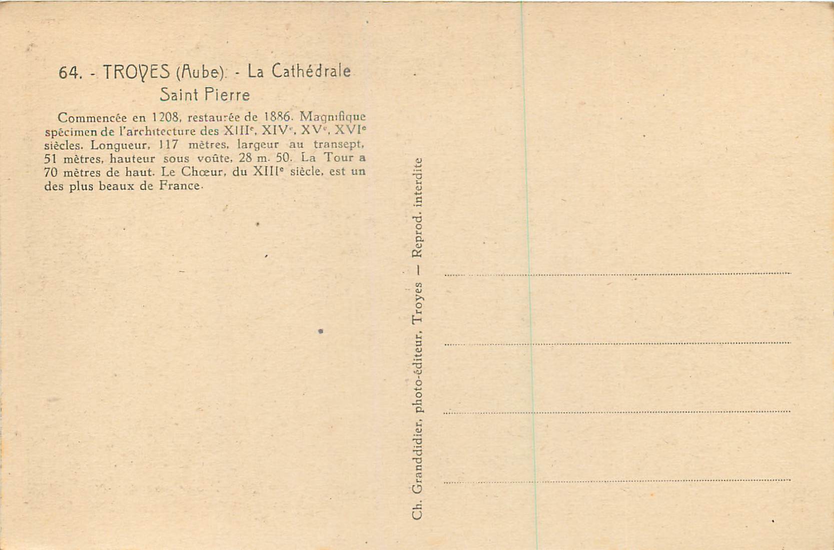 Troyes (Aube) - La Cathédrale Saint Pierre — Granddider, photo-éditeur, n°64 — Rückseite