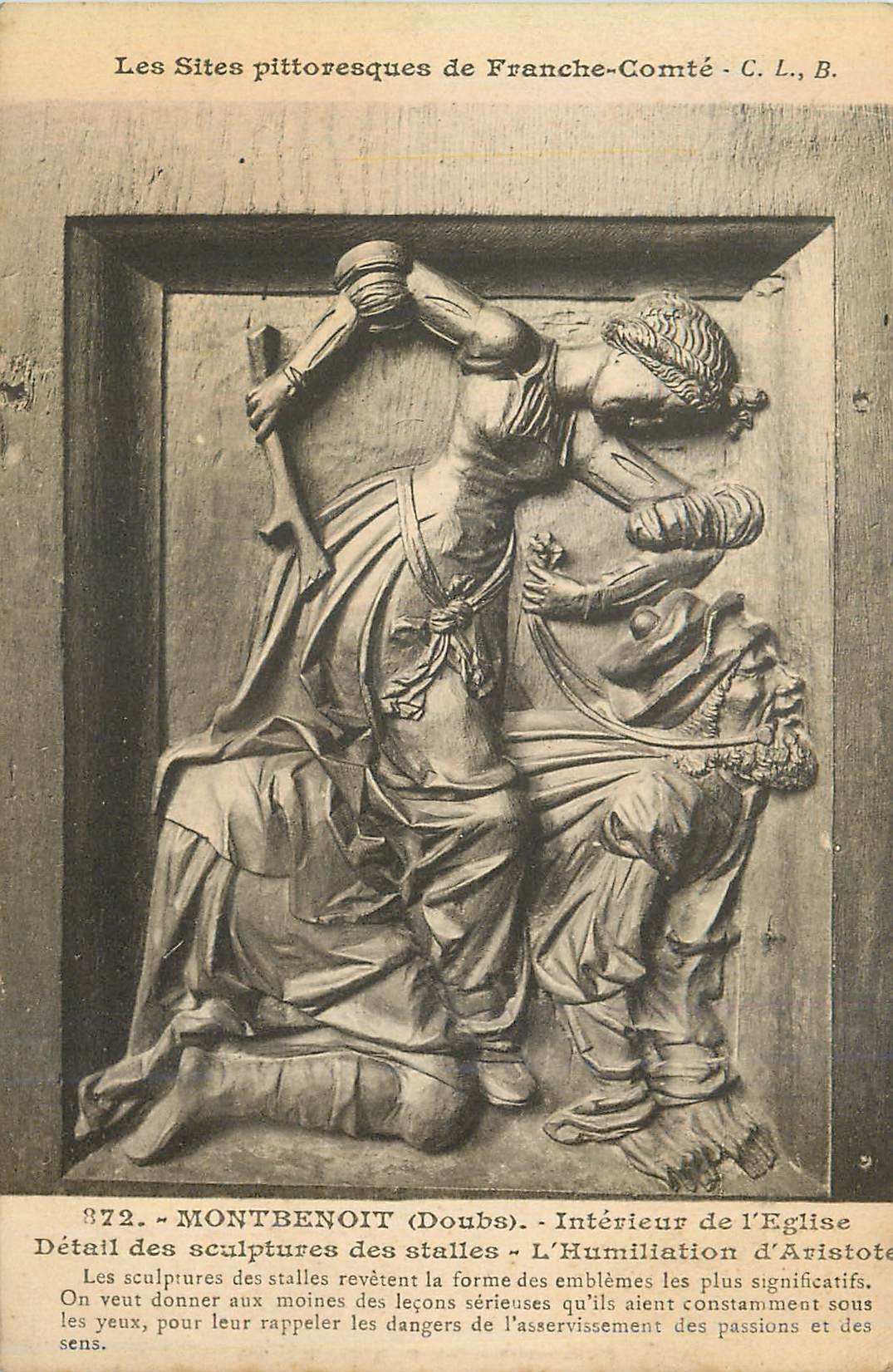 Montbenoît (Doubs) — Intérieur de l'Église — Détail des sculptures des stalles — L'Humiliation d'Aristote — C. L., B.