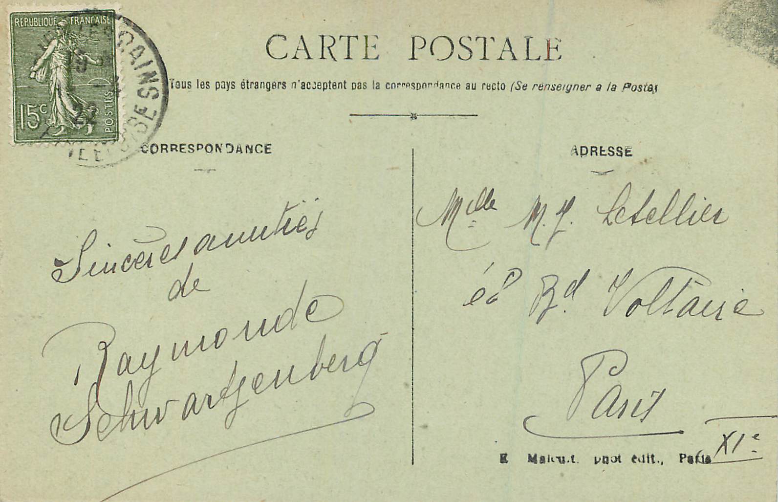 Montmorency — Un coin du Parc de l'Hôtel de Ville — E. M. n° 3394 — Verso