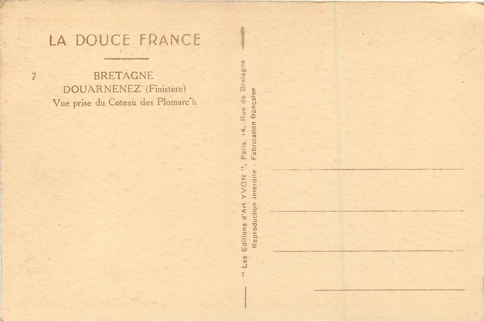 CPA Douarnenez (Finistere) Vue prise du Coteau des Plomarc'h Bretagne la Douce France — Rückseite