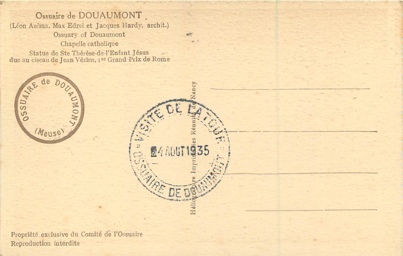 CPA Ossuaire de Douaumont Chapelle Catholique — Rückseite