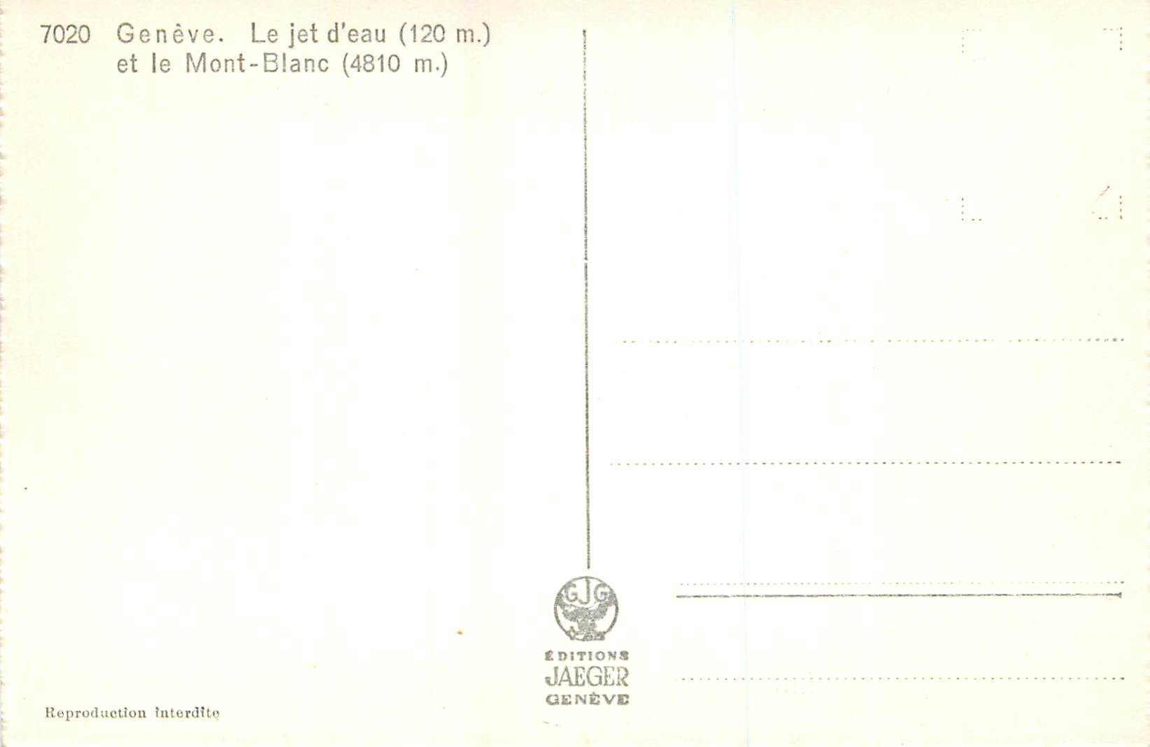 CPM Geneve le Jet d'Eau (120m) et le Mont Blanc (4810m) — Verso