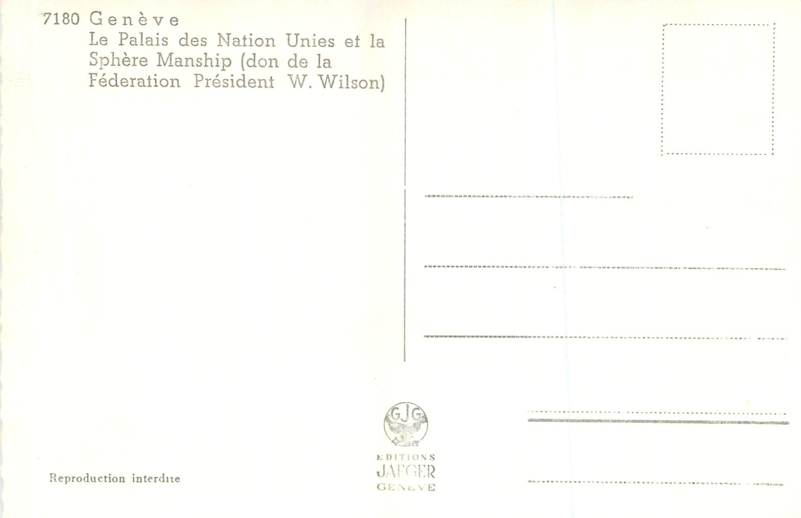 CPM Geneve le Palais des Nations Unies et la Sphere Manship (Don de la Federation President W Wilson) — Verso