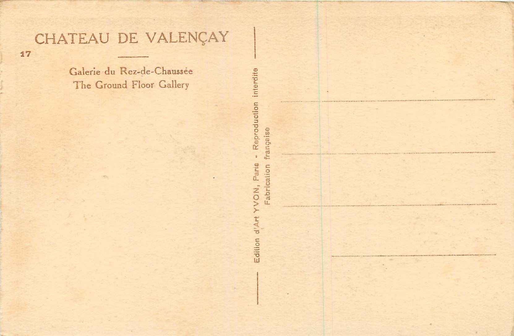 Château de Valençay — Galerie du Rez-de-Chaussée — Édition d'Art YVON, Paris — Verso