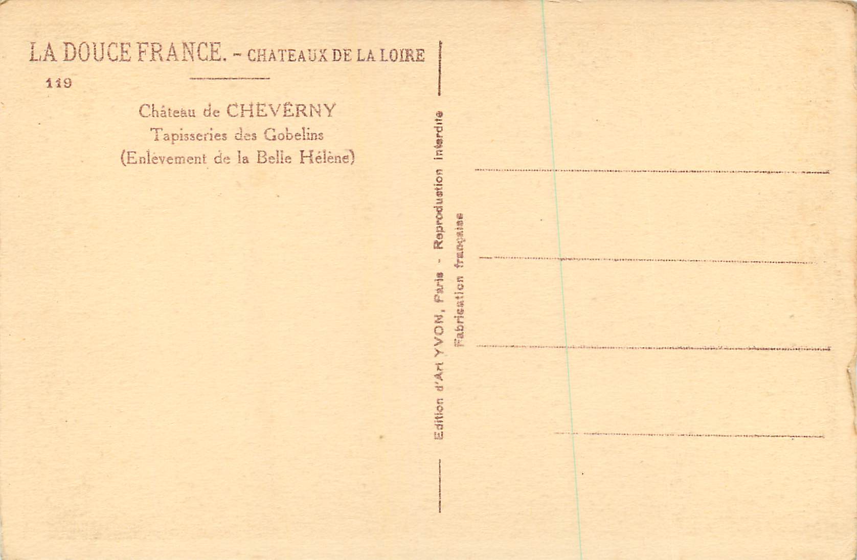 Château de Cheverny — Tapisseries des Gobelins (Enlèvement de la Belle Hélène) — Édition d'Art YVON — Rückseite