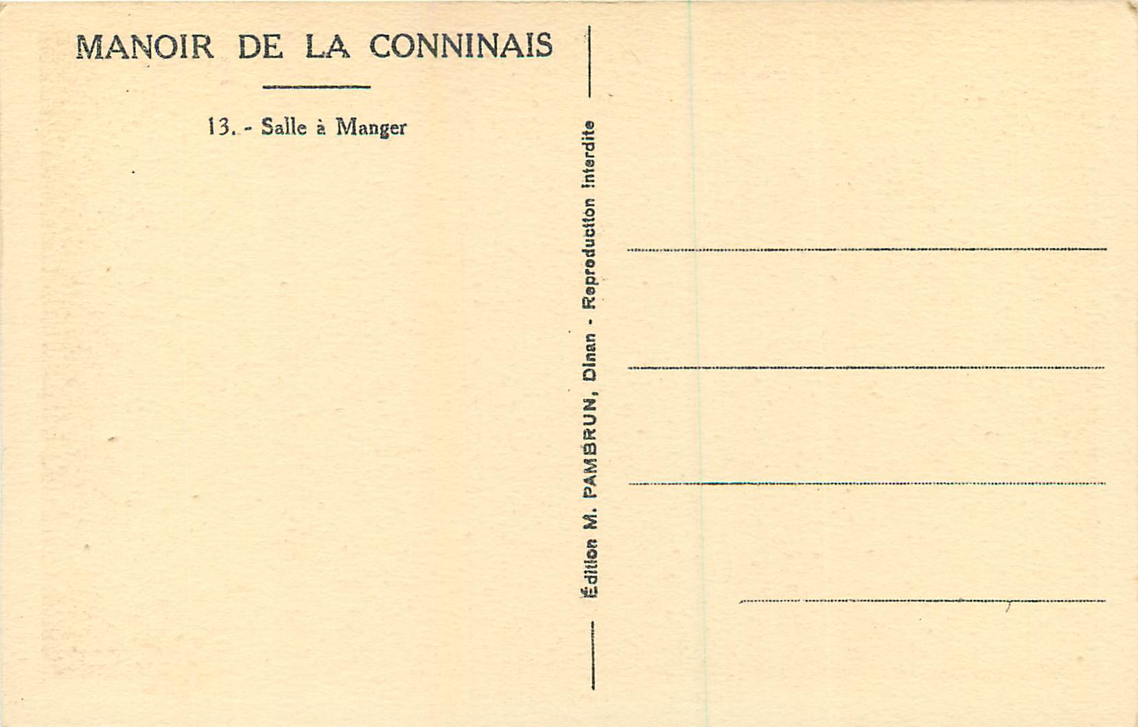 Dinan - Manoir de la Conninais — Salle à Manger — Édition M. Pambrun, Dinan — Back