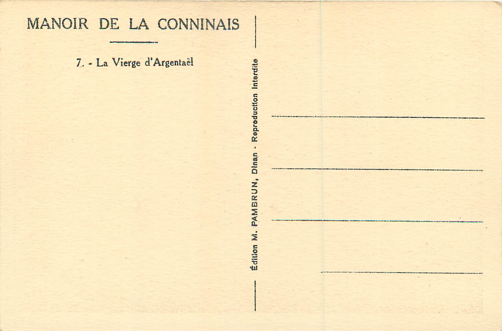 Dinan - Manoir de la Conninais — statue de la Vierge d'Argentaël — Édition M. Pamberun, Dinan — Reverso