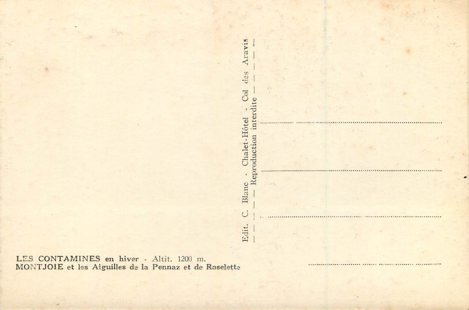 Les Contamines en hiver — Montjoie et les Aiguilles de la Pennaz et de Roselette — Edit. C. Blanc — Verso