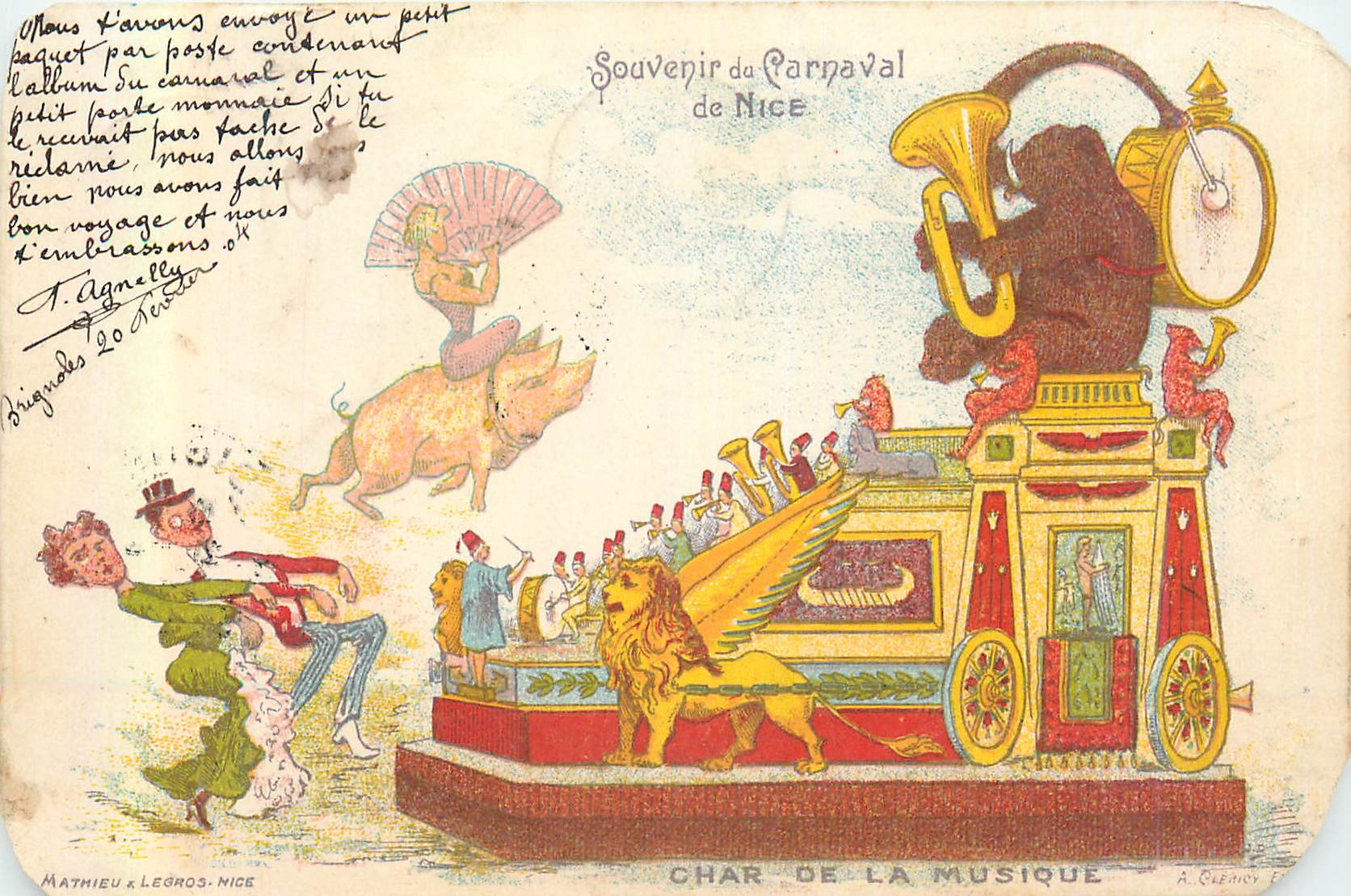 CPA Souvenir du Carnaval de Nice Char de la Musique Elephant Cochon Porc