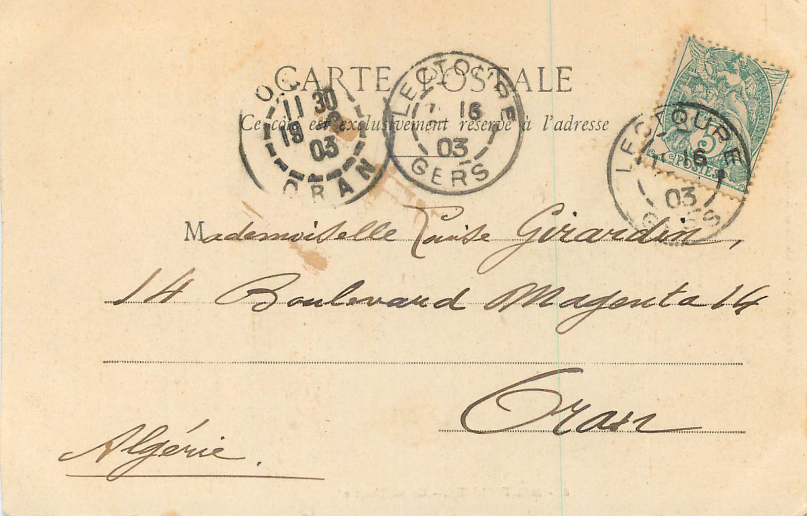 CPA Montpellier Grand Theatre (carte 1900) — Rückseite