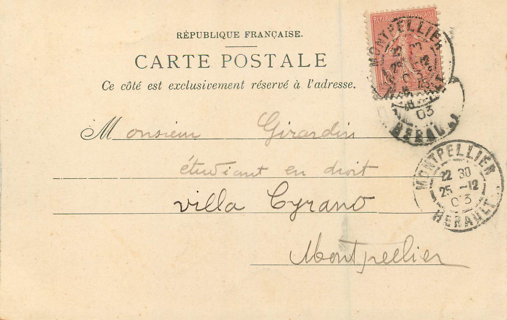 CPA Montpellier L'Entree de la Promenade du Revrou (carte 1900) — Rückseite