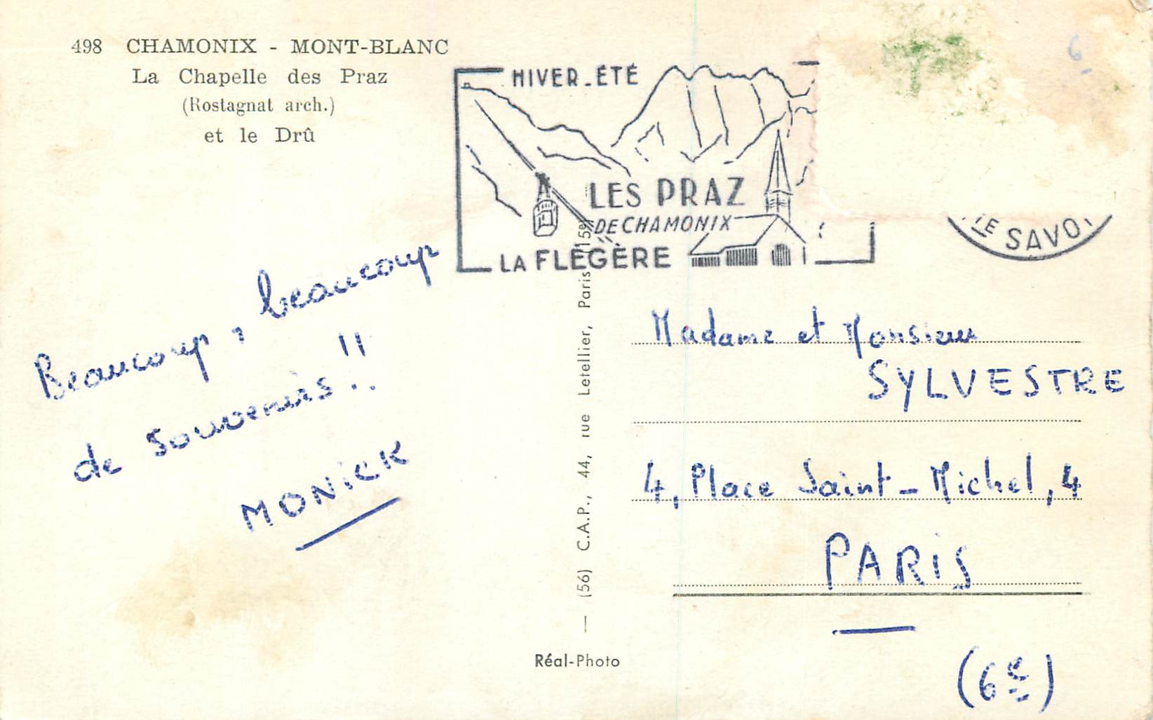 CPM Chamonix Mont Blanc La Chapelle des Praz et le Dru — Verso