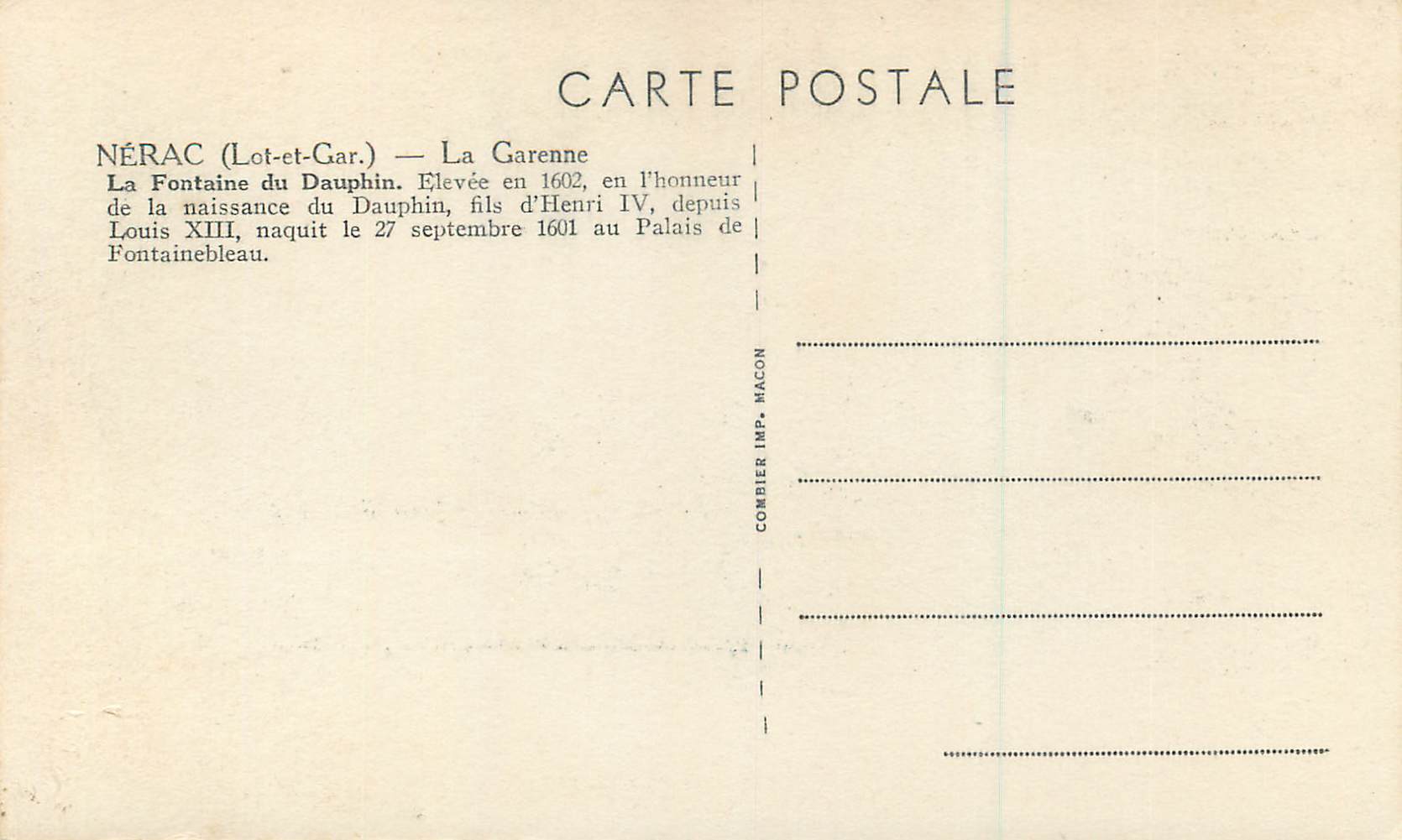 CPM Nerac (Lot et Gar) La Garenne La Fontaine du Dauphin — Back