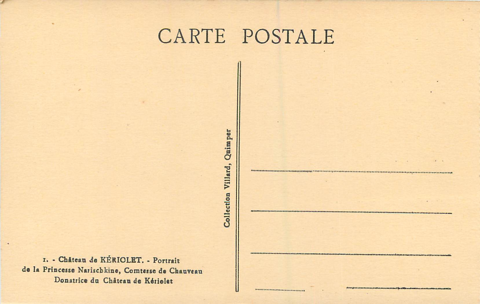 CPA Chateau de Keriolet Portrait de la Princesse Narischkine Comtesse de Chaveau Donatrice de Château de Keriolet — Rückseite