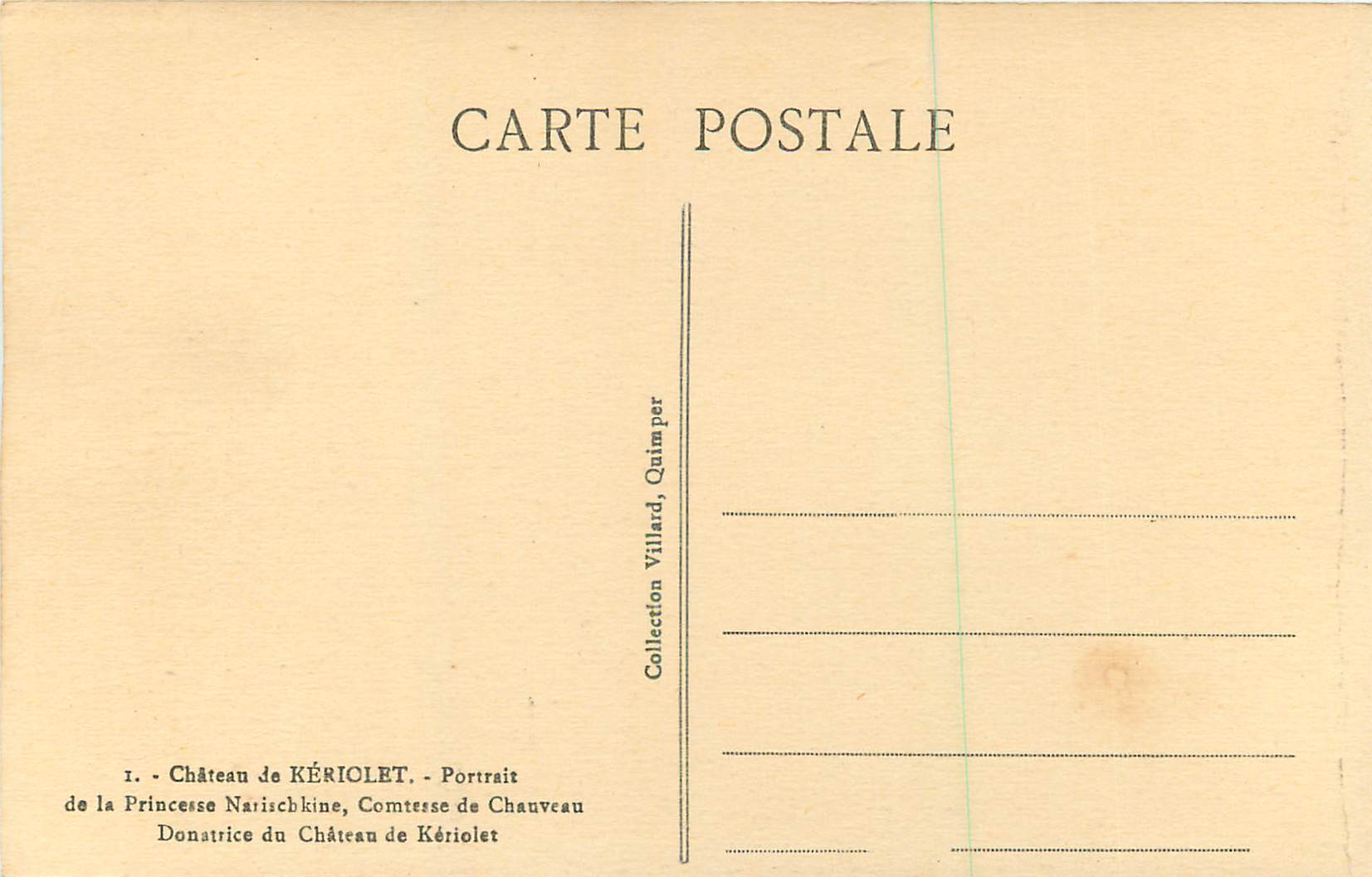 CPA Le Chateau de Keriolet Portrait de la Princesse Nirischkine Comtesse de Chauveau — Rückseite