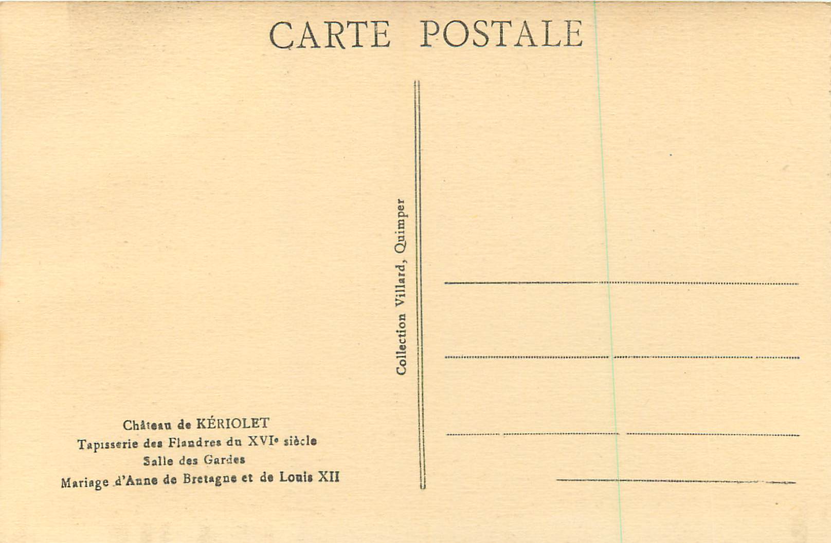 CPA Le Chateau de Keriolet Tapisserie des Flandres du XVIe Siecle Salle des Gardes — Rückseite