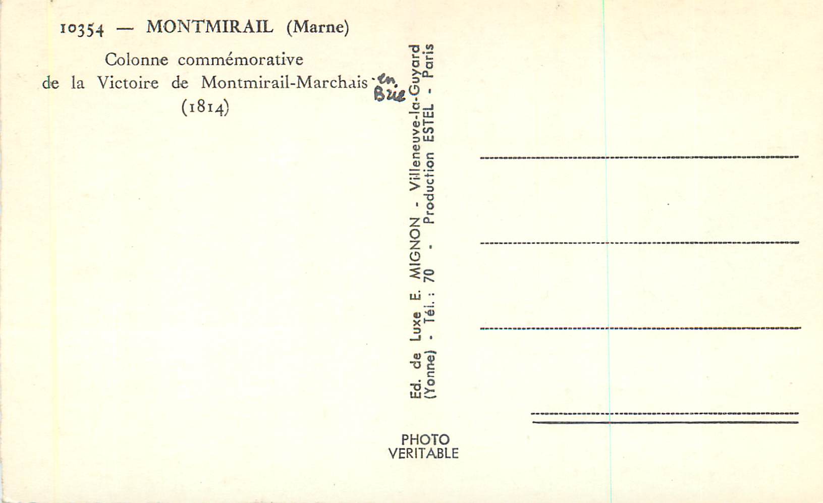 CPM Montmirail (Marne) Colonne Commemorative de la Victoire de Montmirail Marchais — Back