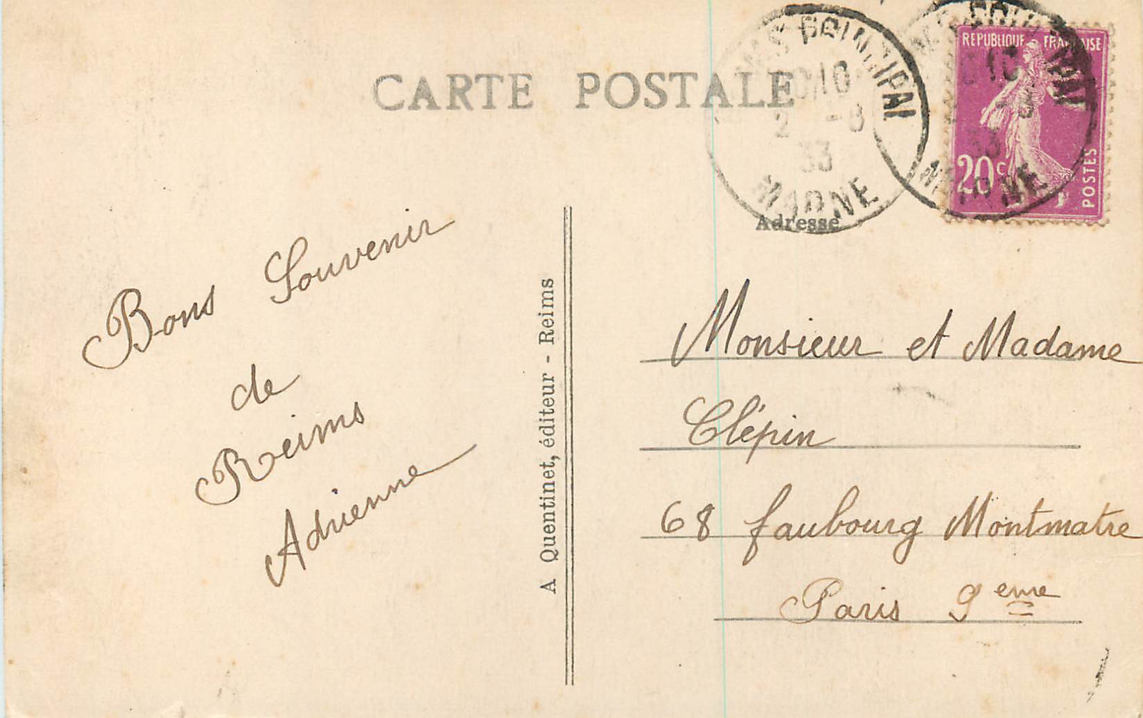 CPA Reims La Cathedrale Vue Prise en 1920 — Verso