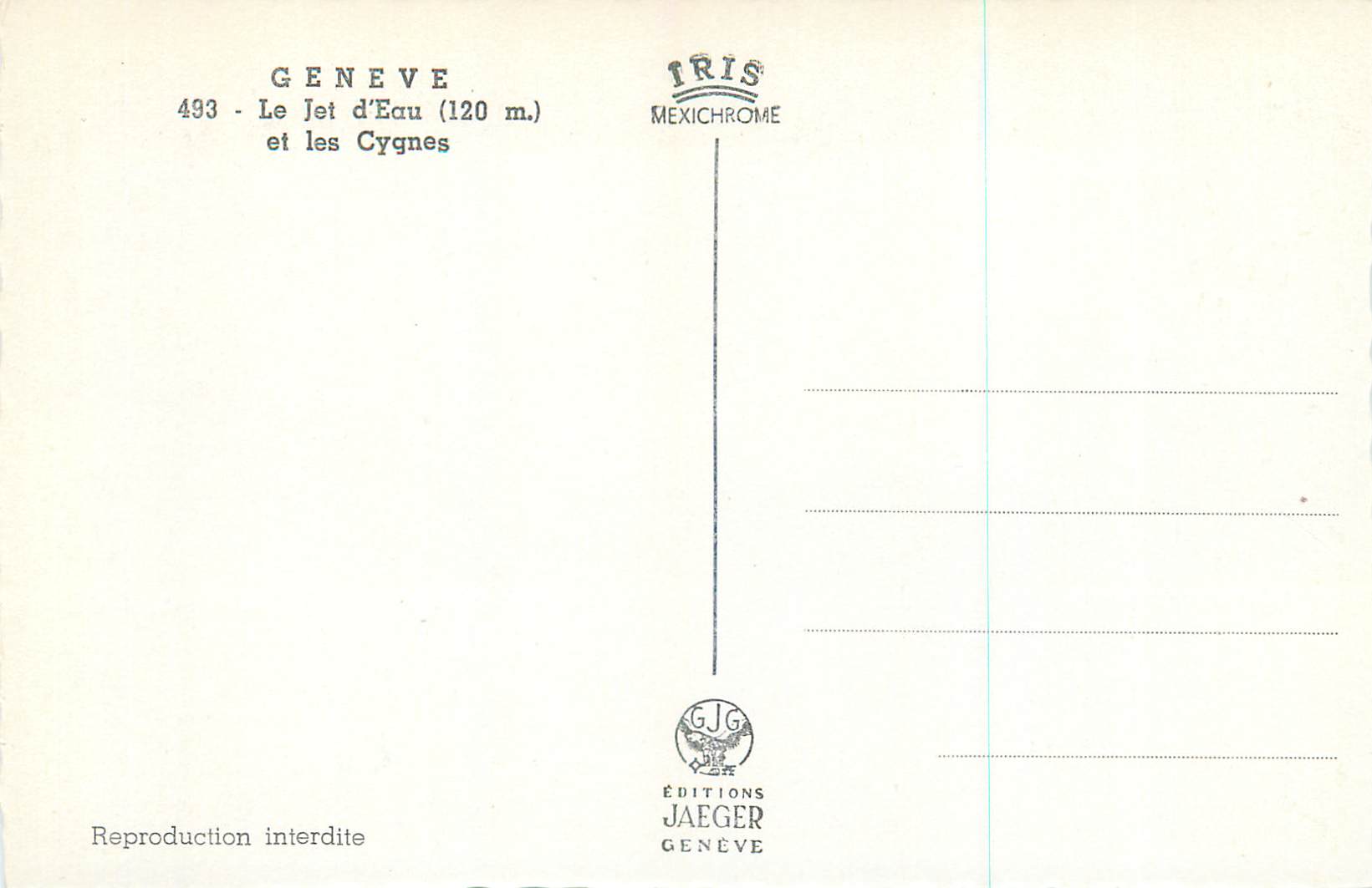 CPM Geneve Le Jet d'Eau (120 m) et Les Cygnes — Verso