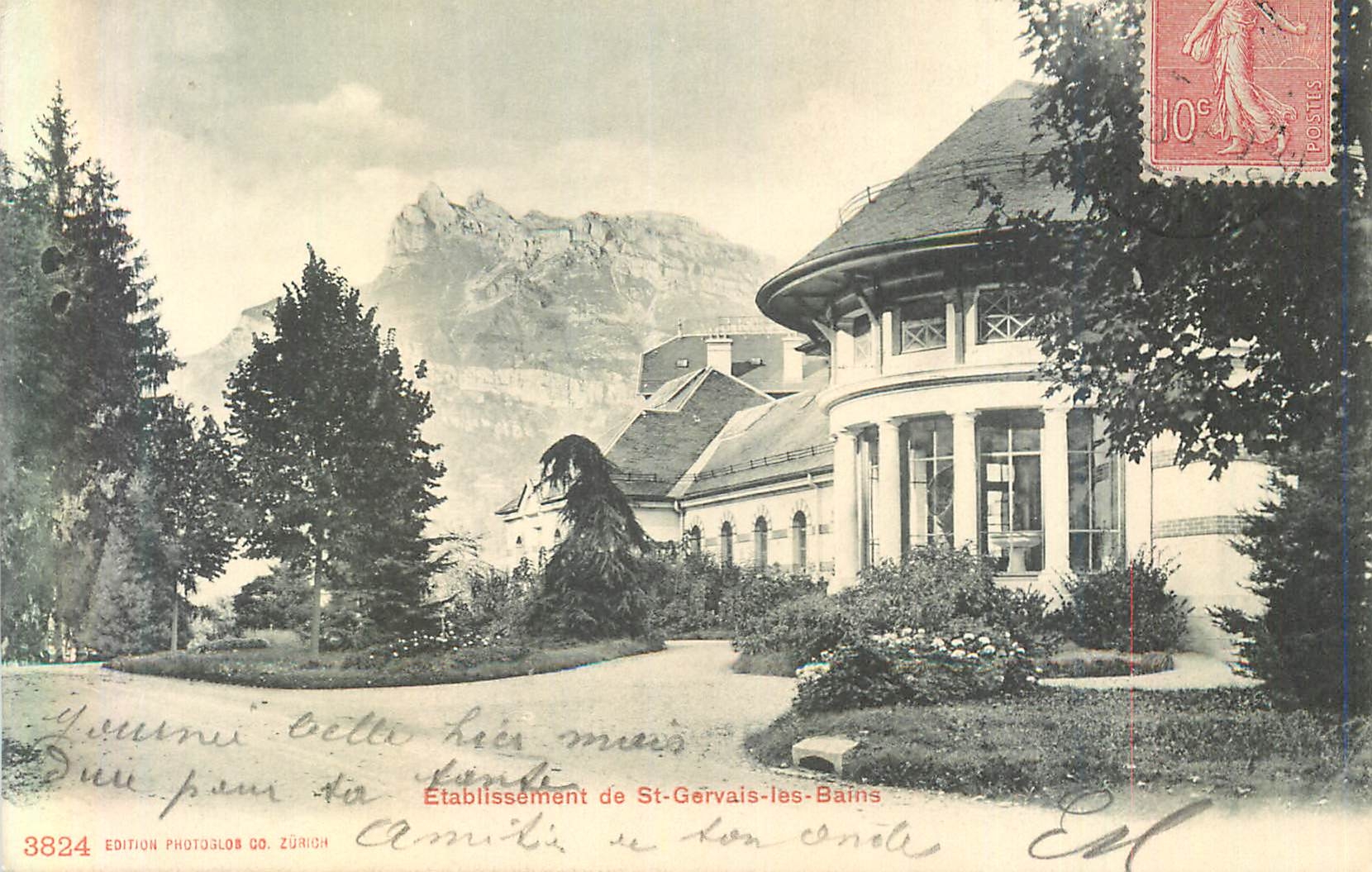 Établissement de St-Gervais-les-Bains — vue du bâtiment et du mont Blanc — Édition Photosglob Co. Zürich n°3824