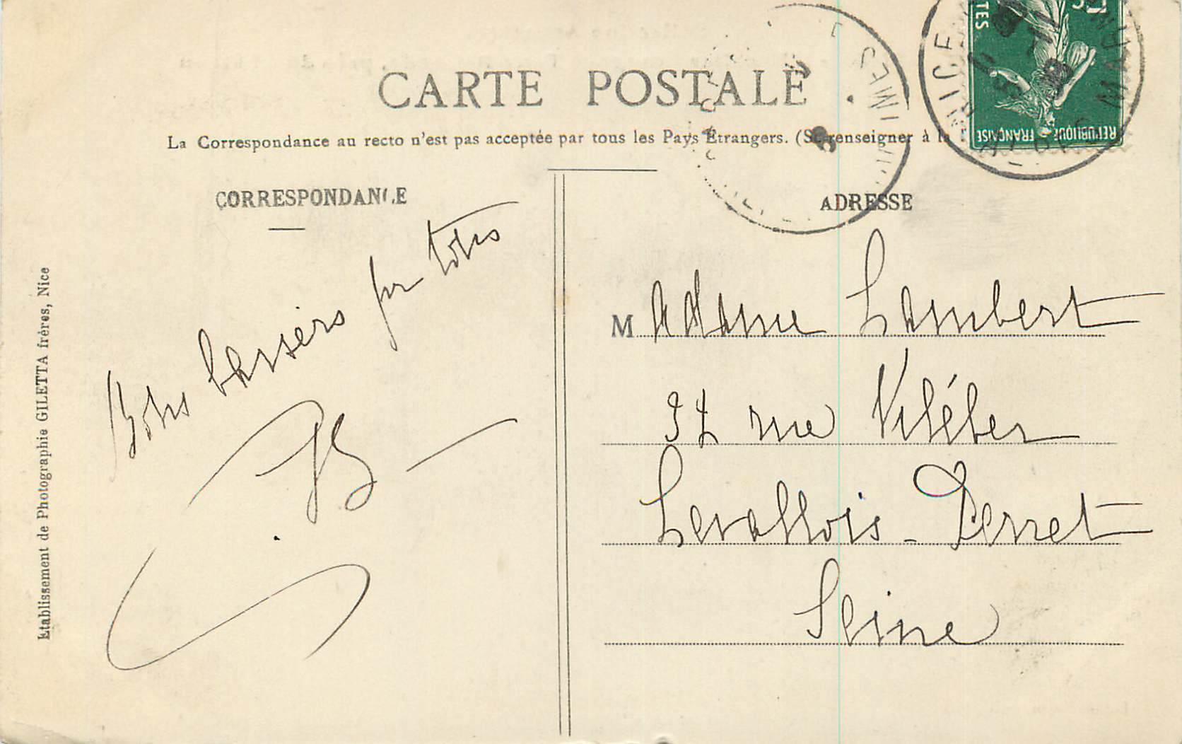 CPA Nice Collection Artistique L'Escalier Lesage et Tour Bellande pres du Chateau — Back