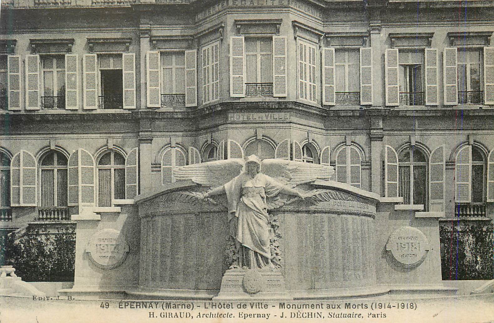 Épernay (Marne) - The Town Hall - War Memorial (1914-1918) — H. Giraud, Architect. Épernay - J. Déchin, Sculptor, Paris
