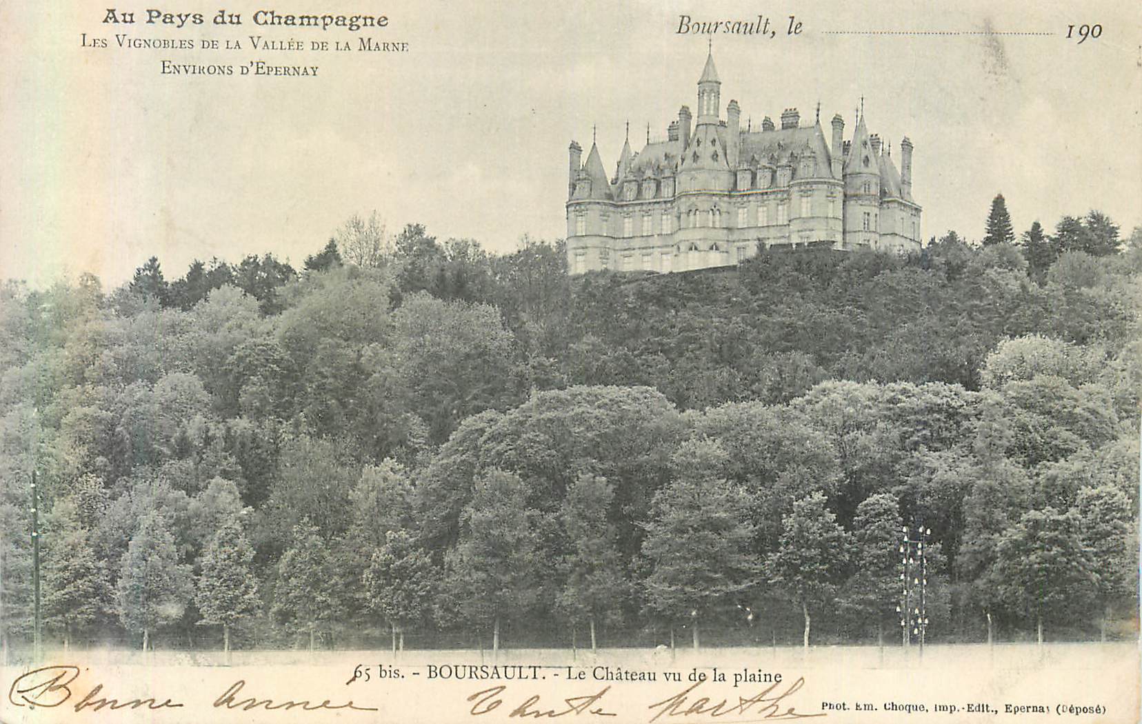Boursault - View of the Castle from the Plain — Champagne Region, Surroundings of Epernay — Photo. km. Choque, Publisher, Epernay (deposited) — n° 65 bis