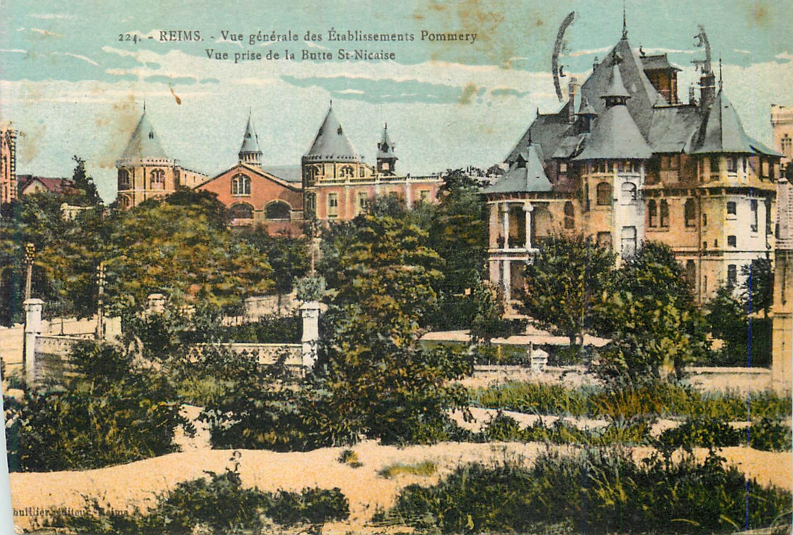 Reims — Vue générale des Établissements Pommery prise de la Butte St-Nicaise — Éditeur Bullier, n°224