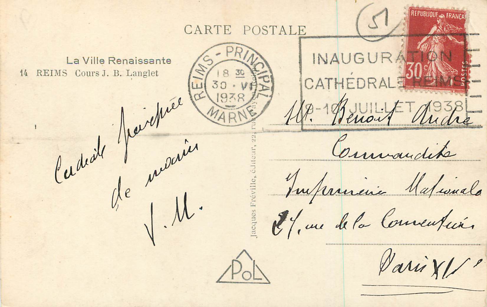 CPM Reims La Ville Renaissante Cours J B Langlet — Rückseite