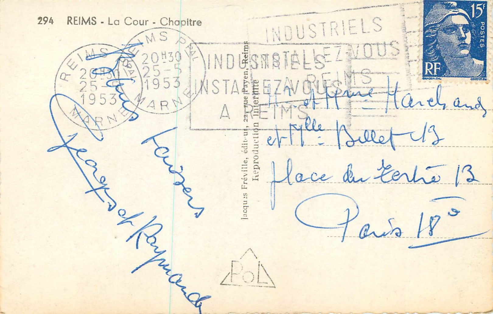 Reims - La Cour - Chapitre — reproduction intertitre — éditeur Jacques Fréville, n° 294 — Rückseite