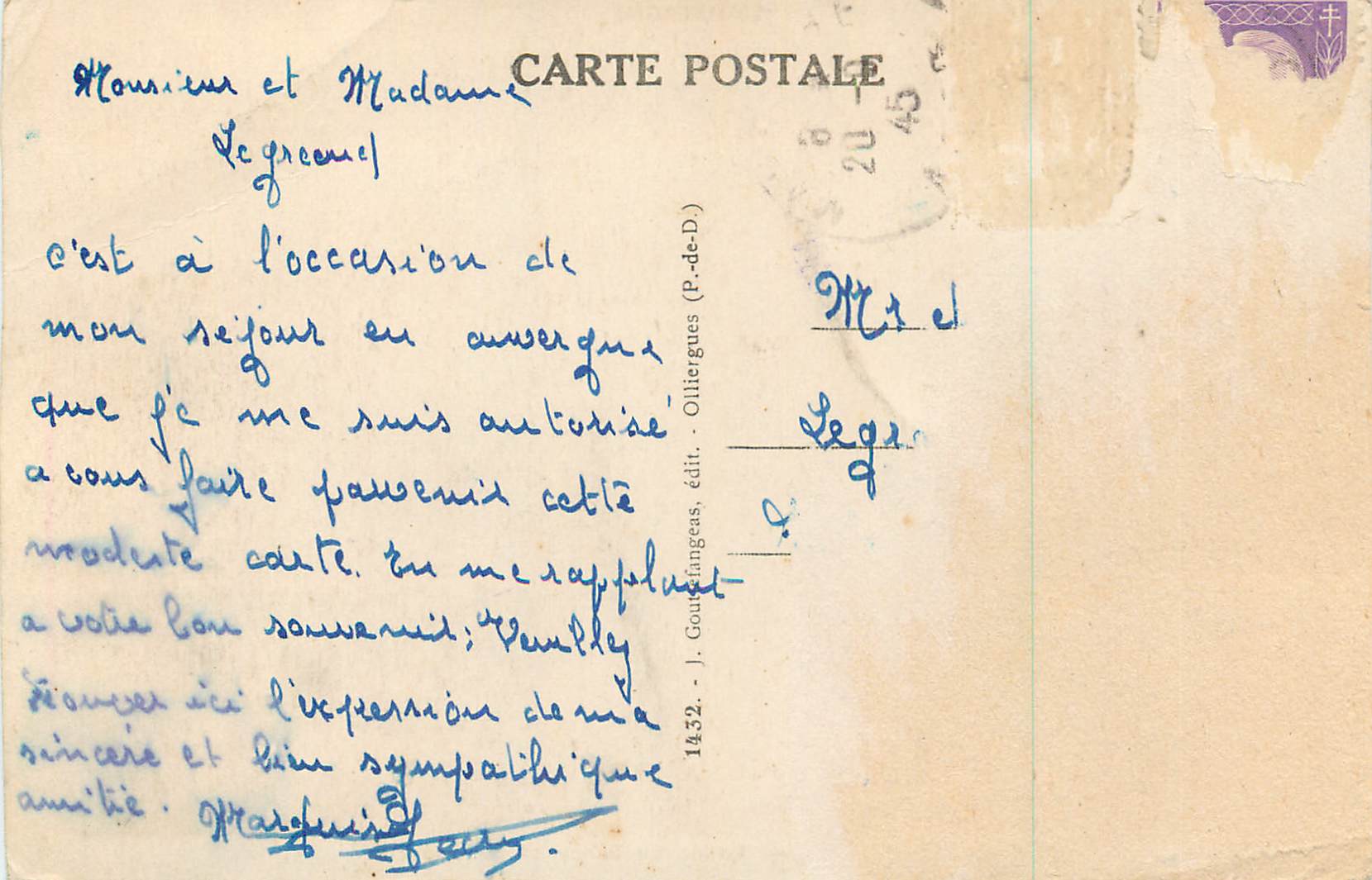 CPA L auvergne le mont dore valllee du sancy et le capucin — Verso