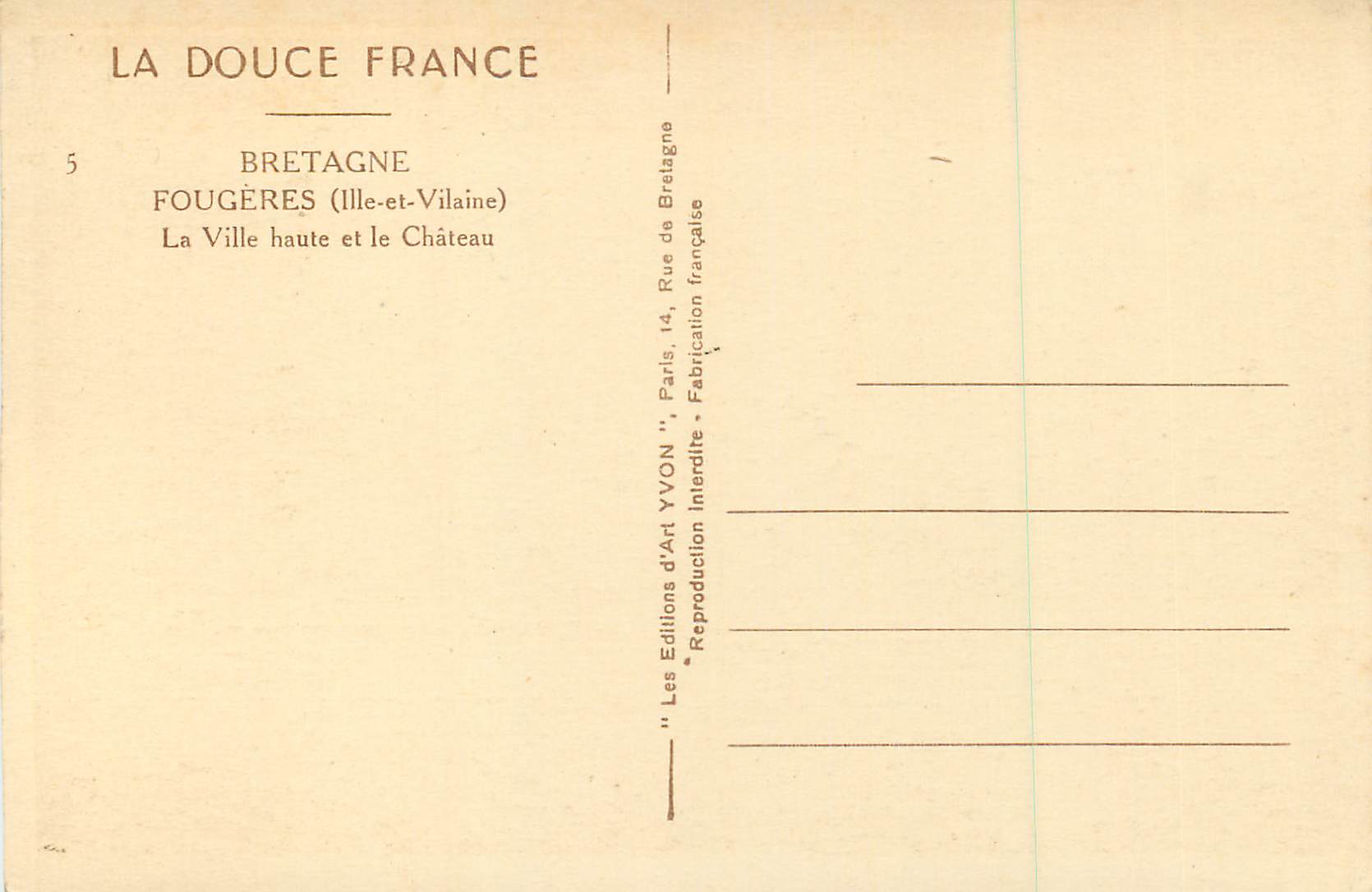 Fougères (Ille-et-Vilaine) — Oberstadt und Schloss — Éditions d'Art YVON — Rückseite