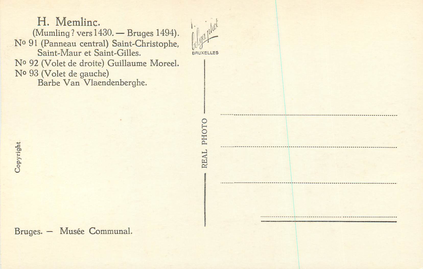 CPA H memlinc (mumling vers 1430 bruges 1494) — Verso