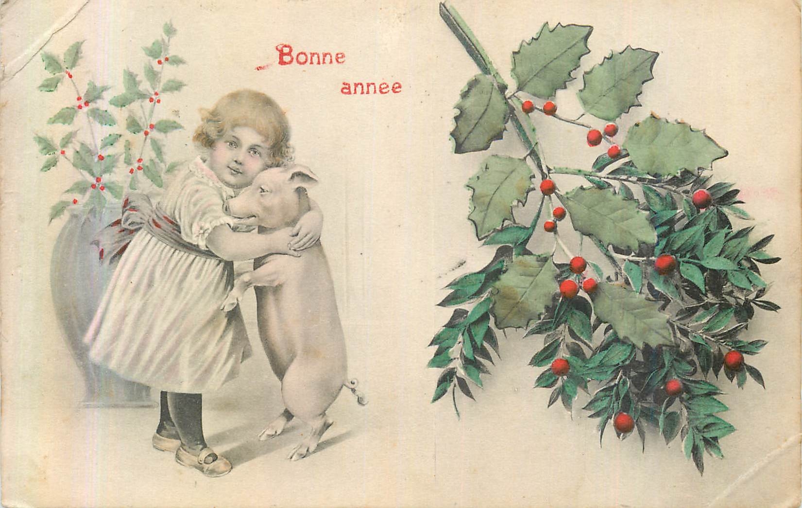 CPA Bonne annee Cochon Porc Enfant