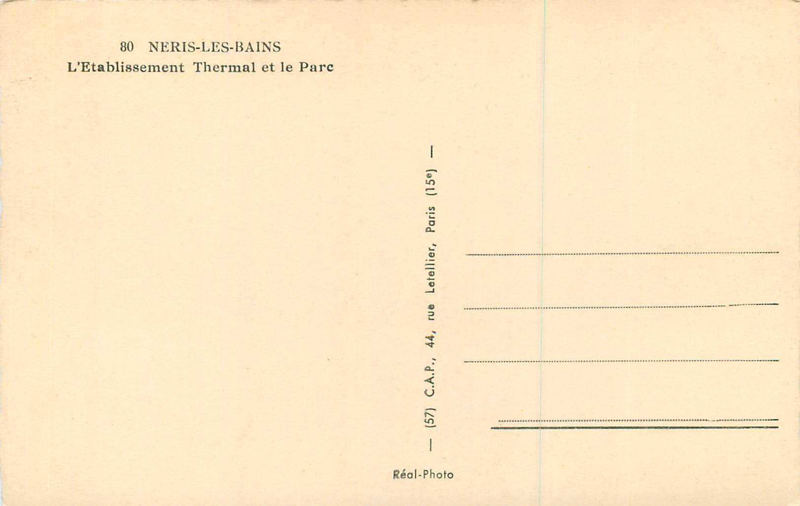 CPM 80 neris les bains l etablissement thermal et le parc — Rückseite