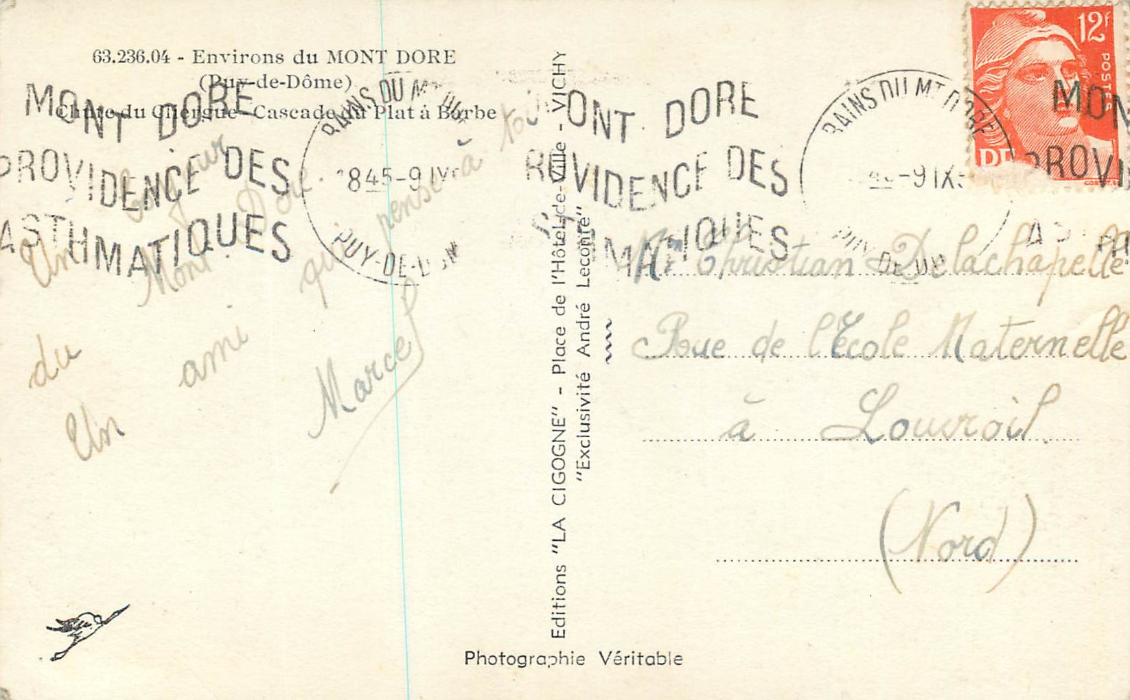 Cascade du Plat à Borbe — Environs du Mont Dore — Éditions 'LA CIGOGNE' — Verso
