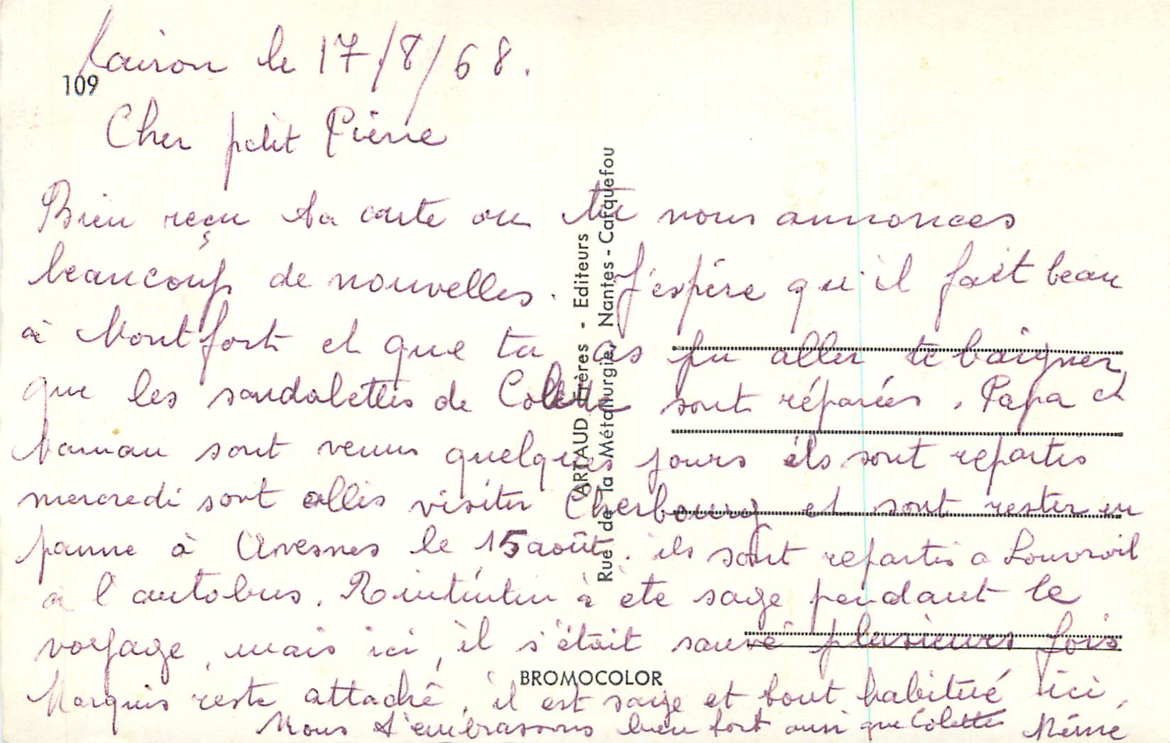 Kairon-Plage — Régates, Plage, Pont Bleu, Vieille Auberge — Éditeurs CARTAUD Frères - Nantes — Rückseite