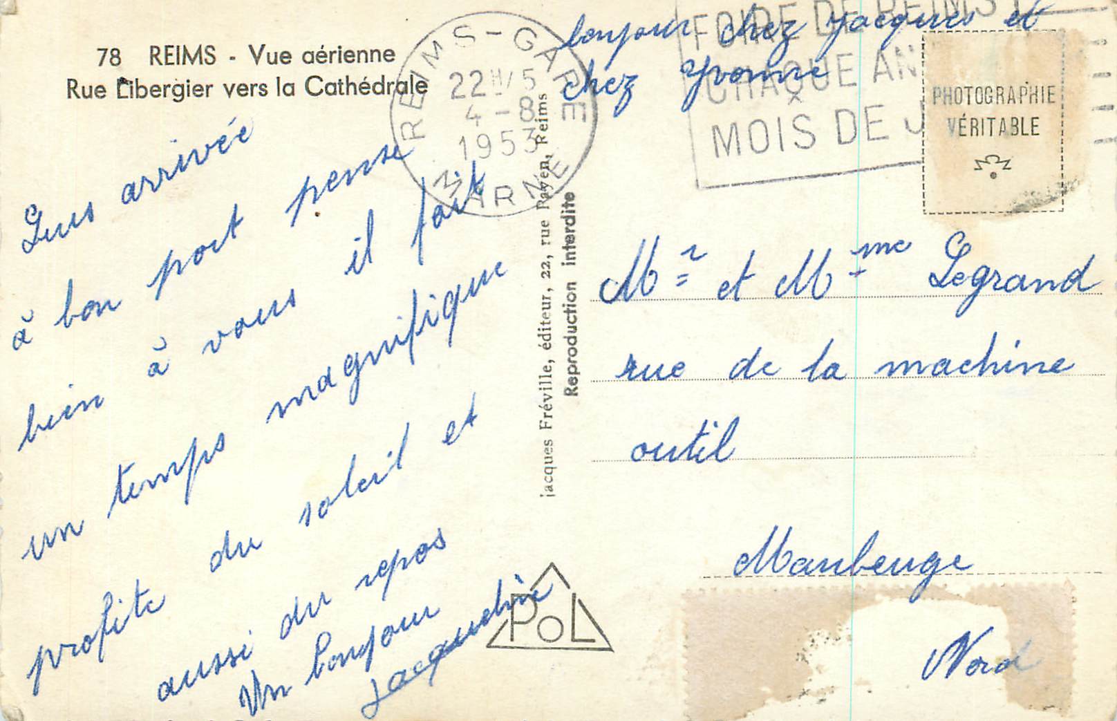 Reims - Vue aérienne Rue Éibergier vers la Cathédrale — Jacques Fréville, éditeur, n°78 — Rückseite