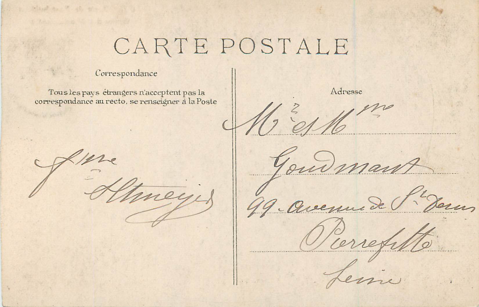 Grotte des Montussiennes — Forêt de Fontainebleau — Éditeur : J. Broussais, n° 945 — Verso