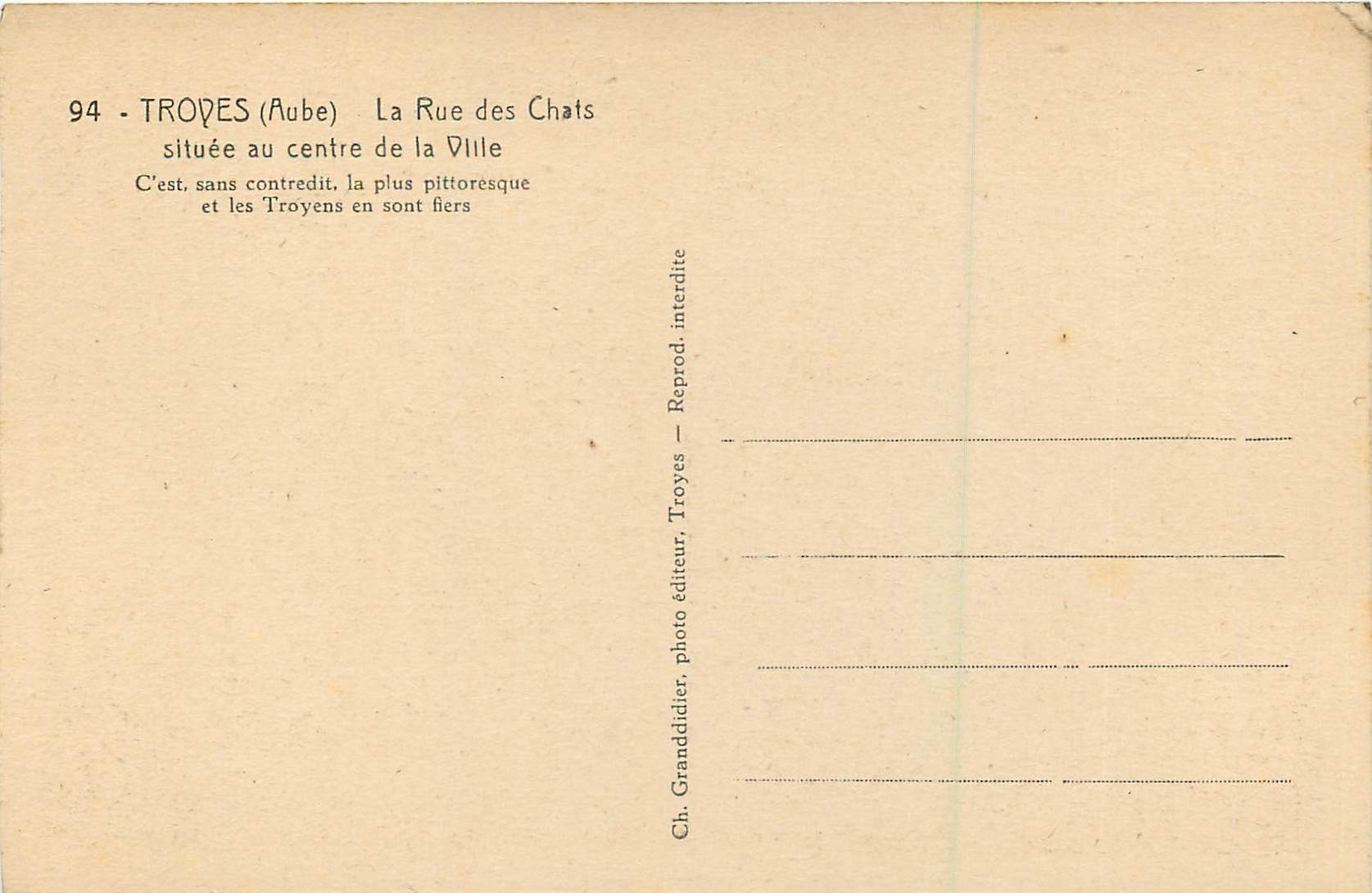 Troyes (Aube) — La Rue des Chats — Ch. Granddidier, Troyes — Verso