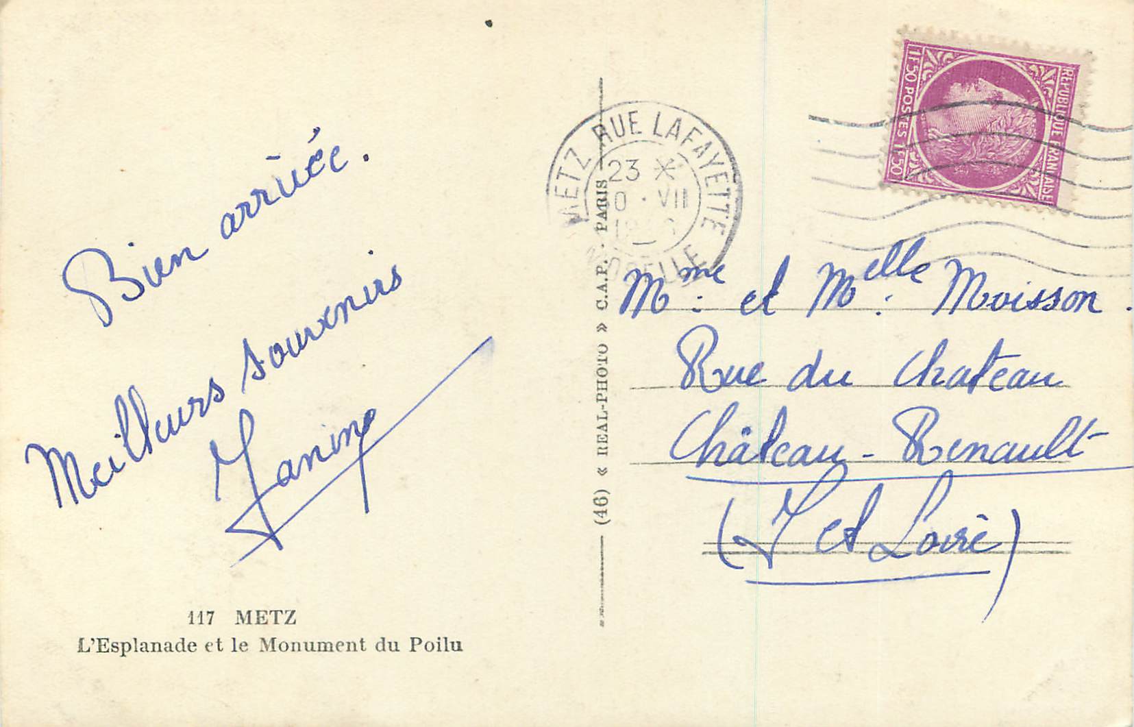 CPM 117 metz l esplanade et le monument du poilu — Rückseite