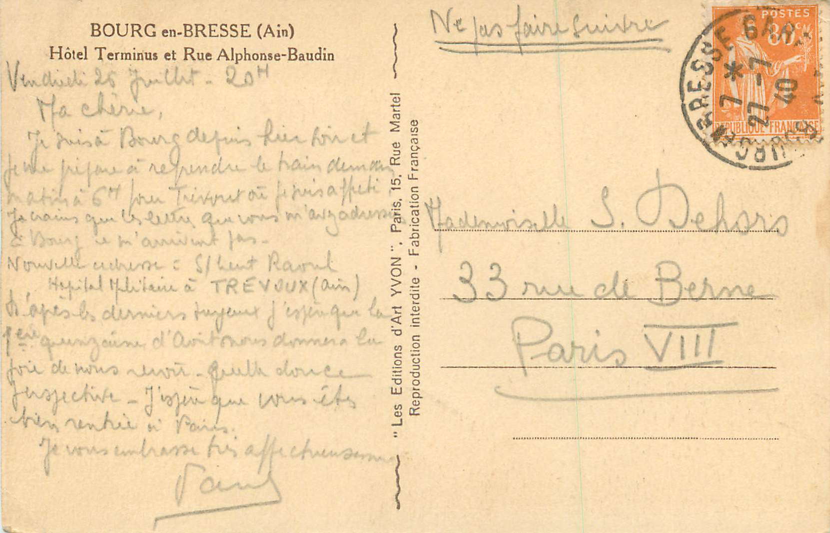 CPA Bourg en bresse (ain) hotel terminus et rue alphonse baudin — Rückseite
